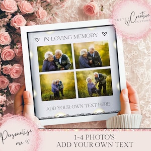 Könnte beinhalten: Eine weiß gerahmte Fotocollage mit vier Bildern eines älteren Ehepaares. Der Text "IN LOVING MEMORY" und "ADD YOUR OWN TEXT HERE" werden angezeigt. Die Collage wird von Händen gehalten, umgeben von rosa Rosen.