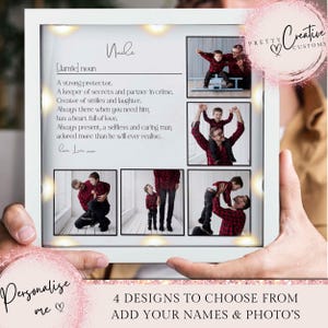 Puede incluir: Un marco blanco con una pantalla iluminada que presenta un collage de fotos de un hombre y un niño. El marco incluye una inscripción personalizada que dice: "[Jamie] sustantivo Tío Un protector fuerte. Un guardián de secretos y un cómplice en el crimen. Creador de sonrisas y risas. Siempre ahí cuando lo necesitas, tiene un corazón lleno de amor. Siempre presente, un hombre desinteresado y cariñoso, adorado más de lo que jamás se dará cuenta. Cave Love"
