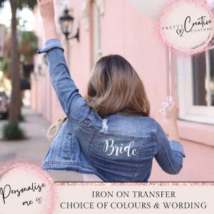 Veste en jean pour le jour du mariage, autocollants pour veste en cuir pour femme pour l'enterrement de vie de jeune fille, personnalisation de vêtements, quelque chose de bleu.