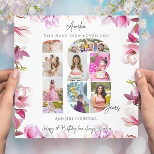 May include: A square photo collage card featuring the name Amelia, the text You have been loved for 18 years and still counting, and Happy 18th Birthday love always Nann xx. The design includes pink floral borders and photos arranged in the shape of 18.