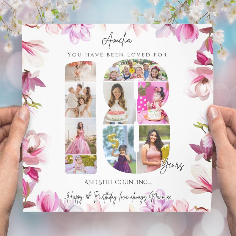 May include: A square photo collage card featuring the name Amelia, the text You have been loved for 18 years and still counting, and Happy 18th Birthday love always Nann xx. The design includes pink floral borders and photos arranged in the shape of 18.