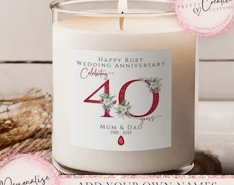 40th wedding anniversary candle, Ruby wedding anniversary Gift, personalised 40th candle, 40th anniversary mum and dad