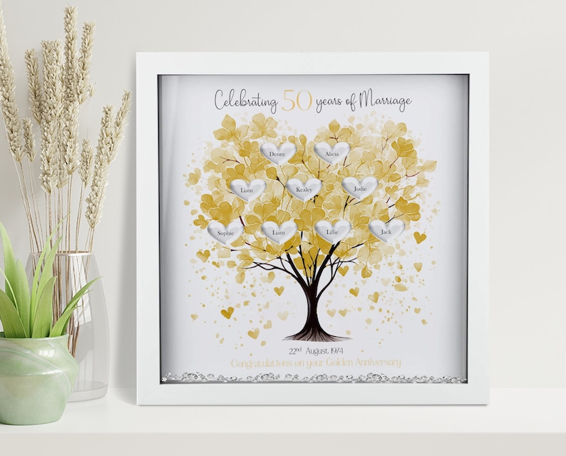 50th Wedding anniversary Gift Family tree framed print Golden wedding anniversary gift Wedding Gift Anniversary milestone gift 10" Frame