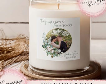 Personalised 2nd Anniversary Candle Two Years Down Forever To Go, Second Wedding Anniversary Gift Set, Cotton anniversary scented photo card