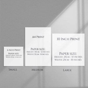 Op de afbeelding: Drie witte kaarten met zwarte tekst die verschillende afdrukformaten voor een product tonen. De formaten zijn 6 inch print, A4 print en 10 inch print. Elke kaart geeft de papiergrootte in centimeters en inches aan.