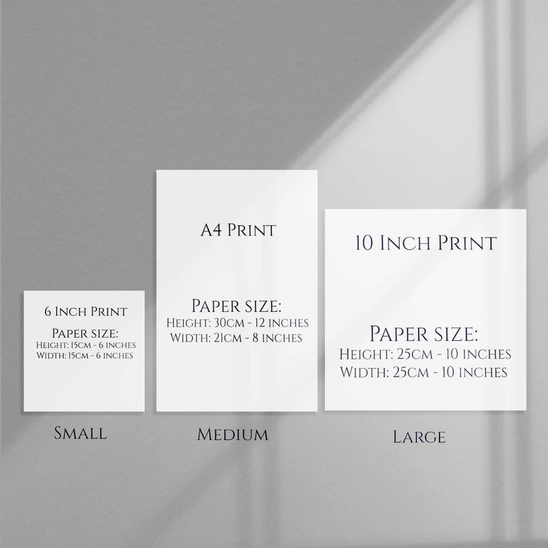 Op de afbeelding: Drie witte kaarten met zwarte tekst die verschillende afdrukformaten voor een product tonen. De formaten zijn 6 inch print, A4 print en 10 inch print. Elke kaart geeft de papiergrootte in centimeters en inches aan.