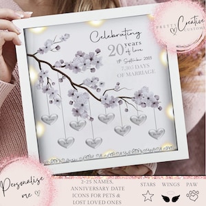 Presente de 20º aniversário de casamento | Impressão emoldurada de árvore genealógica | Presente de bodas de platina | Presente de casamento | Presente de aniversário marcante