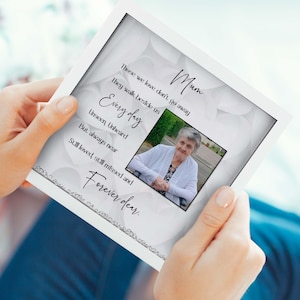 May include: A white card with a black border and silver glitter accents. The card features a photo of a woman and the text "Mum, These we love don't go away, They walk beside us, Every day, Unseen, Unheard, But always near, Still loved, still missed and Forever dear."