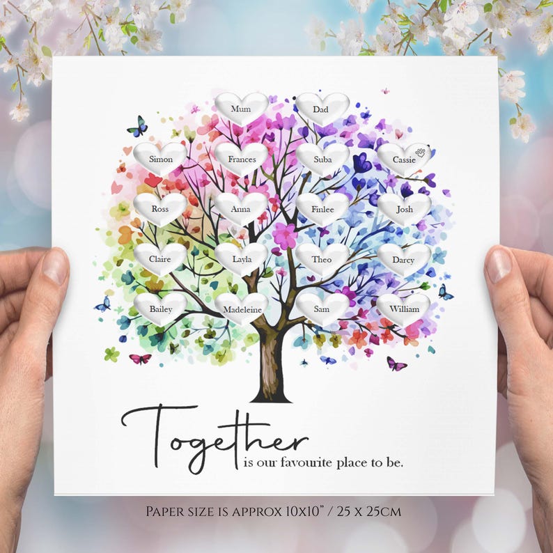 Op de afbeelding: Een aquarel-familiebomen met kleurrijke harten en vlinders. De namen van de familieleden staan op de harten. De tekst onderaan luidt "Samen is onze favoriete plek om te zijn." Het papierformaat is 25 x 25 cm.