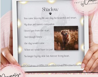 May include: White framed memorial picture with a light grey background and a poem about a pet. The poem reads "You came into my life one day So beautiful and smart My dear and sweet companion I loved you from the start And though I knew the day would come When we would have to part No longer by my side but forever in my heart." The picture has a small photo of a golden retriever in a field. The frame has a silver glitter border.