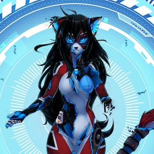 May include: A digital illustration of a blue and red robotic cat-like character with black hair and blue eyes. The character is partially disassembled, with wires and metal parts exposed. The background is a blue and white circular pattern.