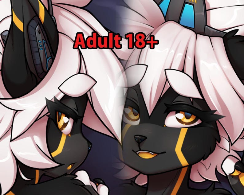 May include: A black and yellow furry creature with white hair and yellow eyes. The creature has a serious expression and is looking to the side. The text "Adult 18+" is visible in the image.