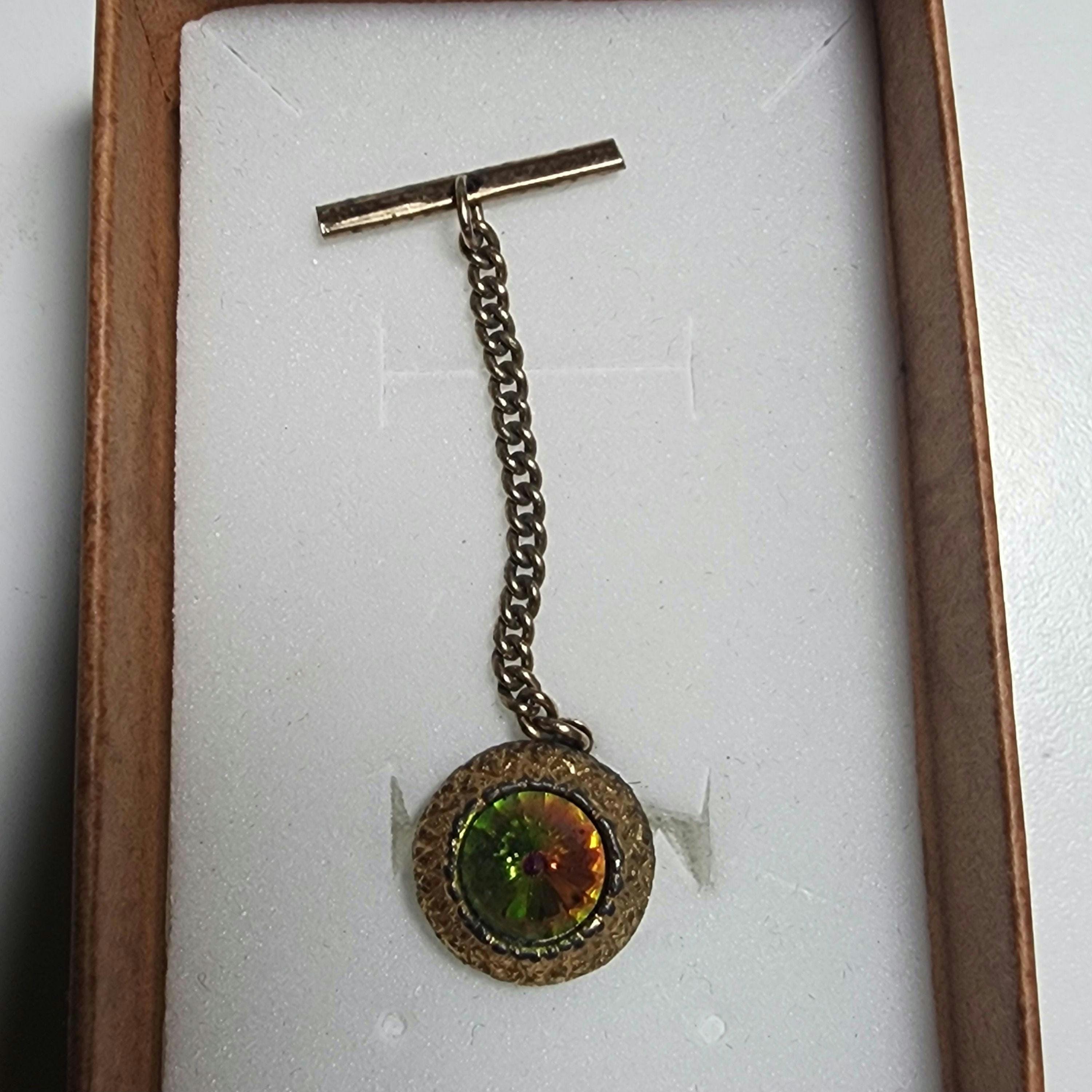 Épingle De Cravate Vintage - Verre Rivoli Volcanique Vert Rouge - Style Tie Tack