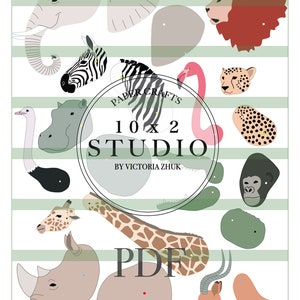 12 Safari animals paper puppets. Printable.