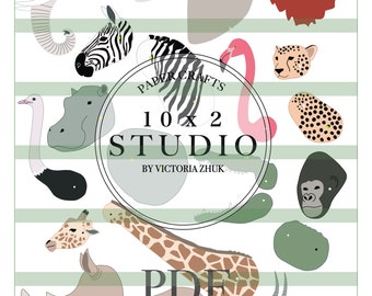 12 Safari animals paper puppets. Printable.