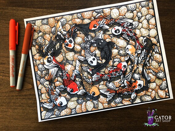 koi fish pond coloring page anxiety relief printable etsy
