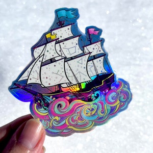 Kaleidoskop trippy psychedelischer Sternenhimmel Piratenschiff Aufkleber - holografisches Vinyl 9x10cm