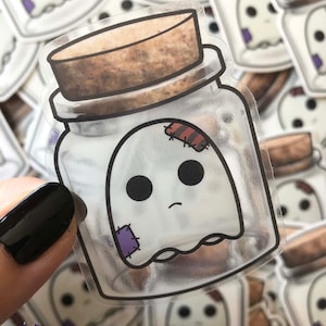 Ghost in a jar - halloween clear vinyl sticker 1.8&quot; x 2.5&quot;