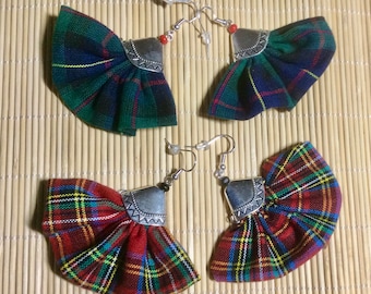 Tartan inspired Plaid fabric earrings with sterling silver hooks or posts, handmade