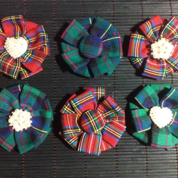 Small handmade  tartan inspired plaid brooches and barrettes (red, navy blue), fabric jewelry, 2.25 inches