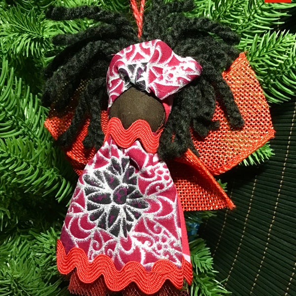 Little handmade angel of color hanging ornament (metallic ankara print fabric) African, Kwanzaa, Christmas holiday decor, doll, fairY