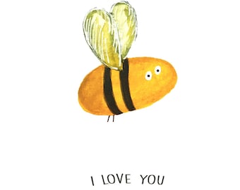 I love you bee card with envelope, blank inside. Bee design, painted in Ireland and printed onto card for sending to loved ones