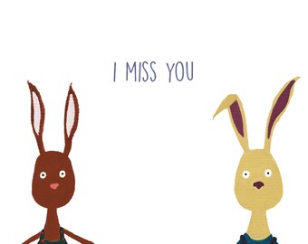 3 x 'I Miss You' colourful greeting cards with envelopes, blank inside. A6 blank cards with kraft envelopes, rabbit design