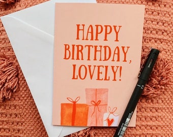 Happy Birthday Lovely colourful greeting card with envelope, blank inside. A6 blank card with kraft envelope, with gifts