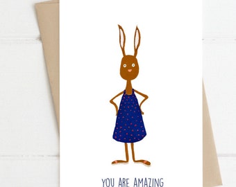 You Are Amazing - colourful greeting cards with envelopes, blank inside. A6 blank cards with kraft envelopes, rabbit design