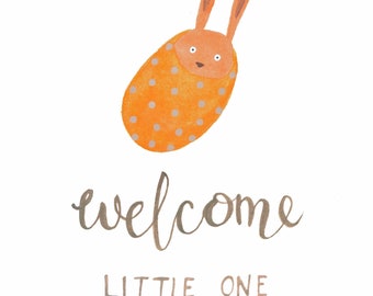 Welcome Little One card with envelope, blank inside. Rabbit design, painted in Ireland and printed onto card for sending to loved ones