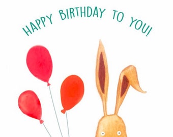 Happy Birthday Balloons colourful greeting card with envelope, blank inside. A6 blank card with kraft envelope, rabbit design.