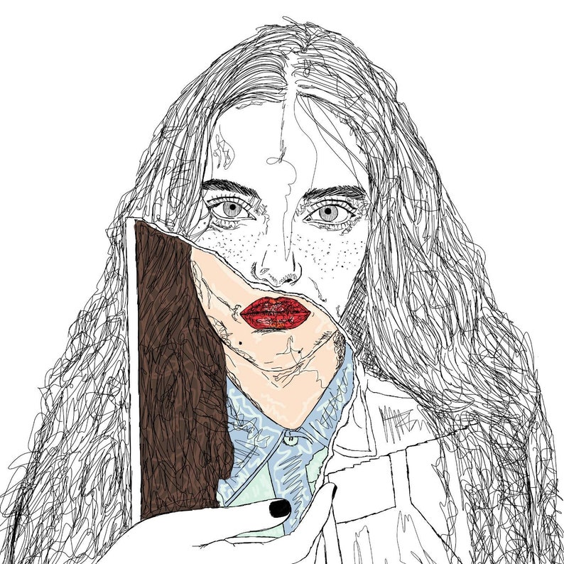 May include: A black and white line art illustration of a person with long hair, featuring a partial overlay of a dark brown rectangular shape. The person has freckles and bright red lips, wearing a light blue collared shirt with a visible button.