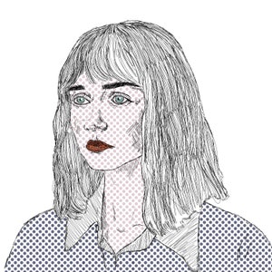 May include: A digital illustration of a person with shoulder-length hair and bangs, featuring a pop art style with black ink line work, a light pink dotted skin texture, green eyes, dark red lips, and a blue shirt with a dark blue polka dot pattern.