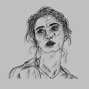 May include: A black and white digital line drawing of a person with wavy hair, shown from the chest up. The portrait features expressive eyes, defined eyebrows, and detailed facial features created with loose, sketchy black lines on a gray background.