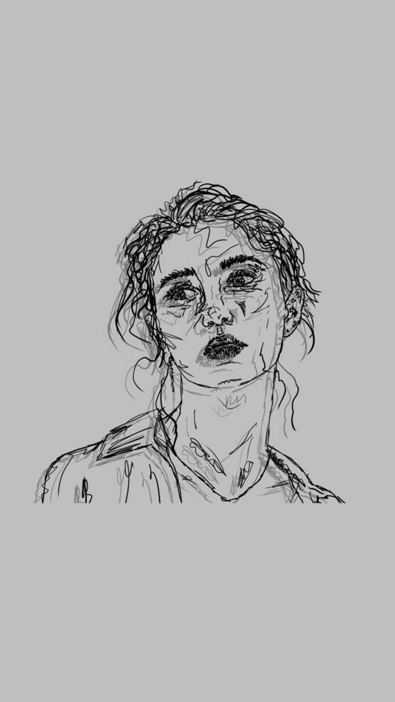 May include: A black and white digital line drawing of a person with wavy hair, shown from the chest up. The portrait features expressive eyes, defined eyebrows, and detailed facial features created with loose, sketchy black lines on a gray background.