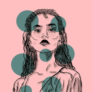 May include: A black ink line drawing of a person with wavy hair and freckles on a solid light pink background. The portrait is overlaid with several solid teal circles of varying sizes that partially obscure the facial features and shoulders.
