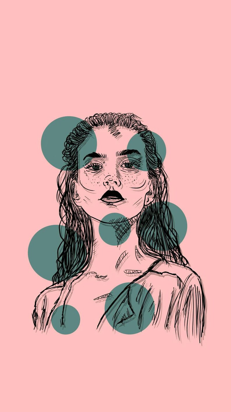 May include: A black ink line drawing of a person with wavy hair and freckles on a solid light pink background. The portrait is overlaid with several solid teal circles of varying sizes that partially obscure the facial features and shoulders.