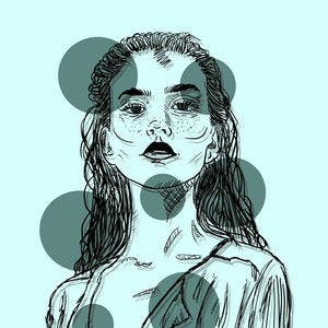 May include: A black and white line art illustration of a person with long hair and freckles, set against a light blue background. The portrait is overlaid with several dark teal circular shapes of varying sizes that partially obscure the face and hair.