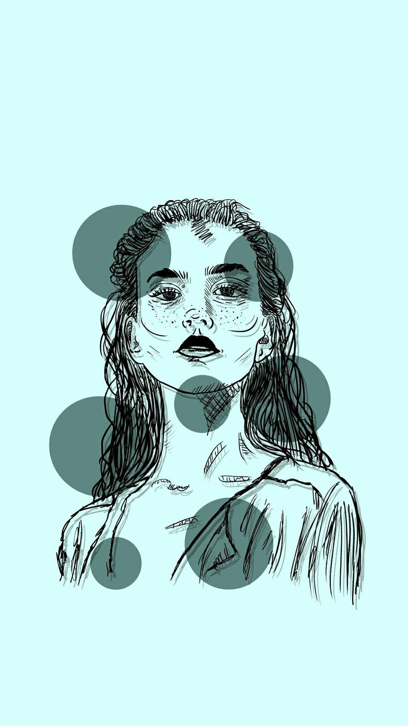 May include: A black and white line art illustration of a person with long hair and freckles, set against a light blue background. The portrait is overlaid with several dark teal circular shapes of varying sizes that partially obscure the face and hair.