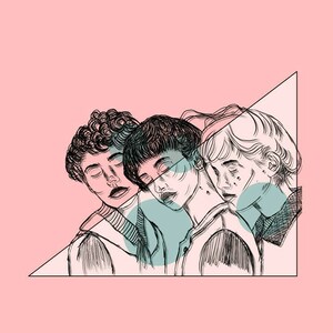 May include: A black ink line drawing of three individuals with closed eyes, positioned side-by-side within a large triangle. The illustration features teal circular accents against a solid light pink background, showcasing detailed hair textures and clothing.