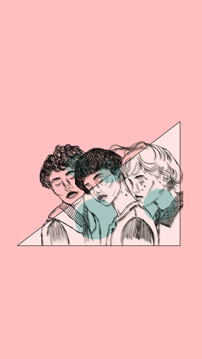 May include: A black ink line drawing of three individuals with closed eyes, positioned side-by-side within a large triangle. The illustration features teal circular accents against a solid light pink background, showcasing detailed hair textures and clothing.