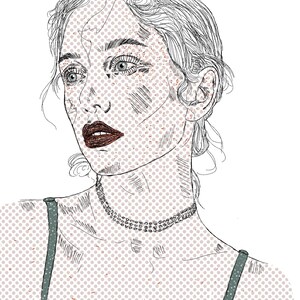 May include: A black and white line art illustration of a person with wavy hair, wearing a three-strand beaded choker necklace and a dark strap top. The image features a pop art style with a light pink dot pattern overlaying the skin and background.