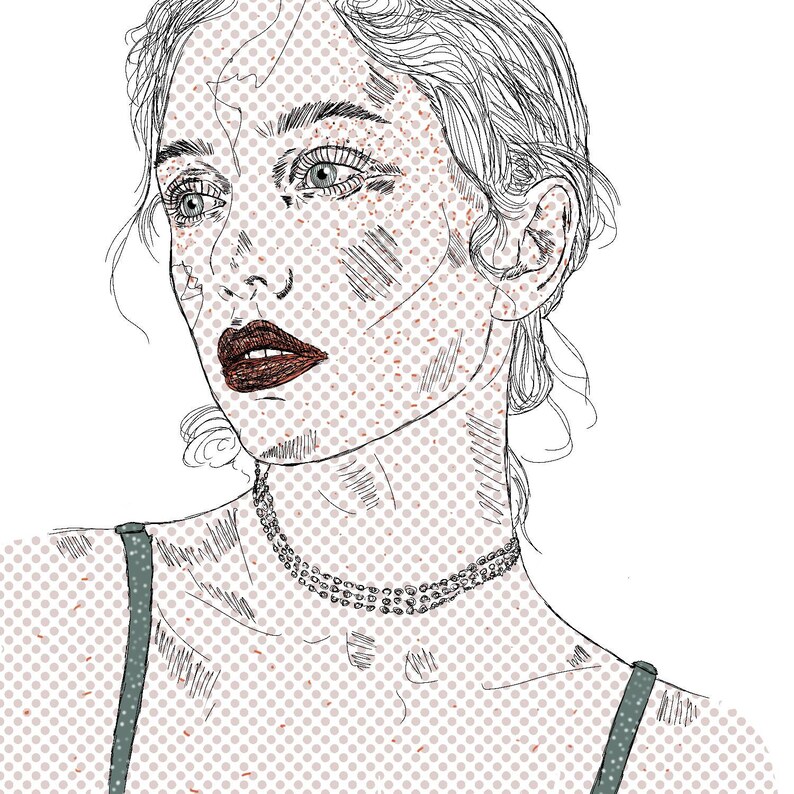 May include: A black and white line art illustration of a person with wavy hair, wearing a three-strand beaded choker necklace and a dark strap top. The image features a pop art style with a light pink dot pattern overlaying the skin and background.