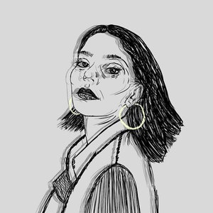 May include: A black and white digital line drawing of a person with shoulder-length dark hair, wearing large circular hoop earrings outlined in pale yellow. The portrait features expressive facial details, including defined eyes and lips.