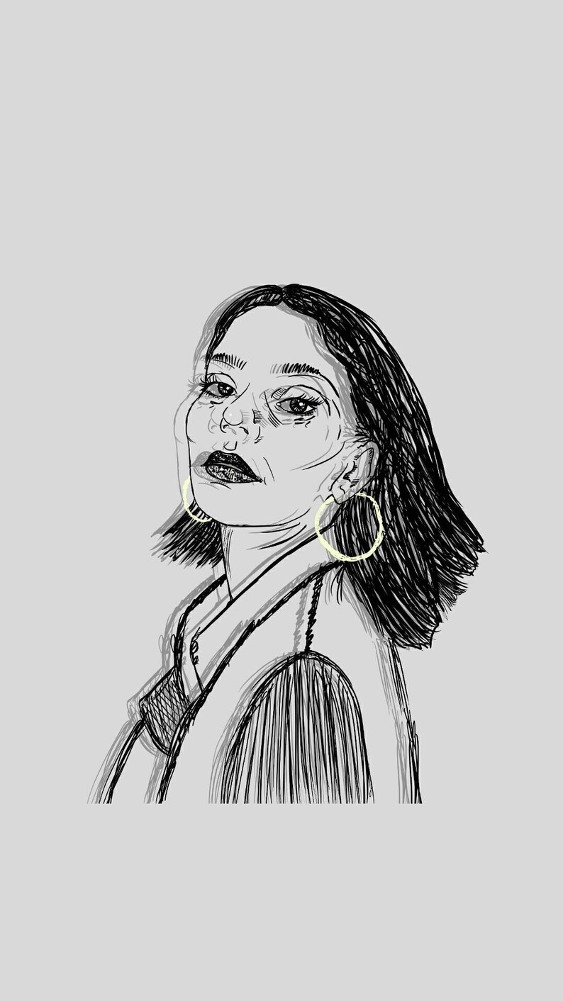 May include: A black and white digital line drawing of a person with shoulder-length dark hair, wearing large circular hoop earrings outlined in pale yellow. The portrait features expressive facial details, including defined eyes and lips.