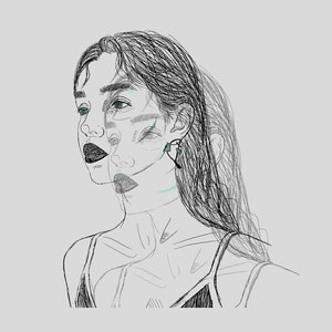 May include: A digital line art illustration of a person with long hair, shown in a profile view with a layered, translucent effect. The drawing features dark, textured hair, green-tinted eyes, and dark lips, with subtle green accents on the face.