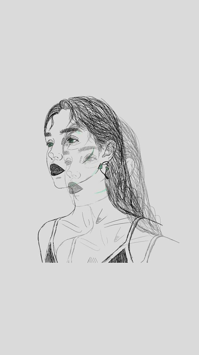 May include: A digital line art illustration of a person with long hair, shown in a profile view with a layered, translucent effect. The drawing features dark, textured hair, green-tinted eyes, and dark lips, with subtle green accents on the face.