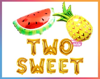 TWO SWEET & Melon Pineapple Balloon | Mylar Foil 16" Gold Letter Banner | 2nd Birthday Party Celebration | Baby's Birthday Party Decoration