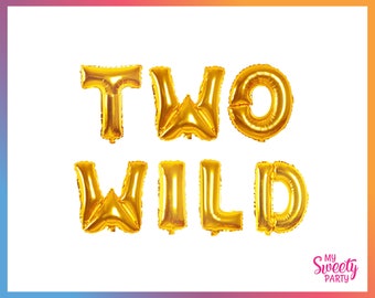 TWO WILD Phrase Balloon | Mylar Foil 16" Gold Letter Banner | 2nd Birthday | 2 Years Old Celebration | Baby Birthday Party Decoration