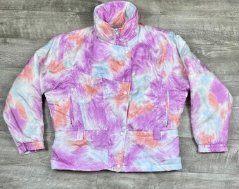 Retro Haute Route Ski Jacket Neon Pink/White/Orange/Blue Tie-dye Winter Coat. Women’s Size Large